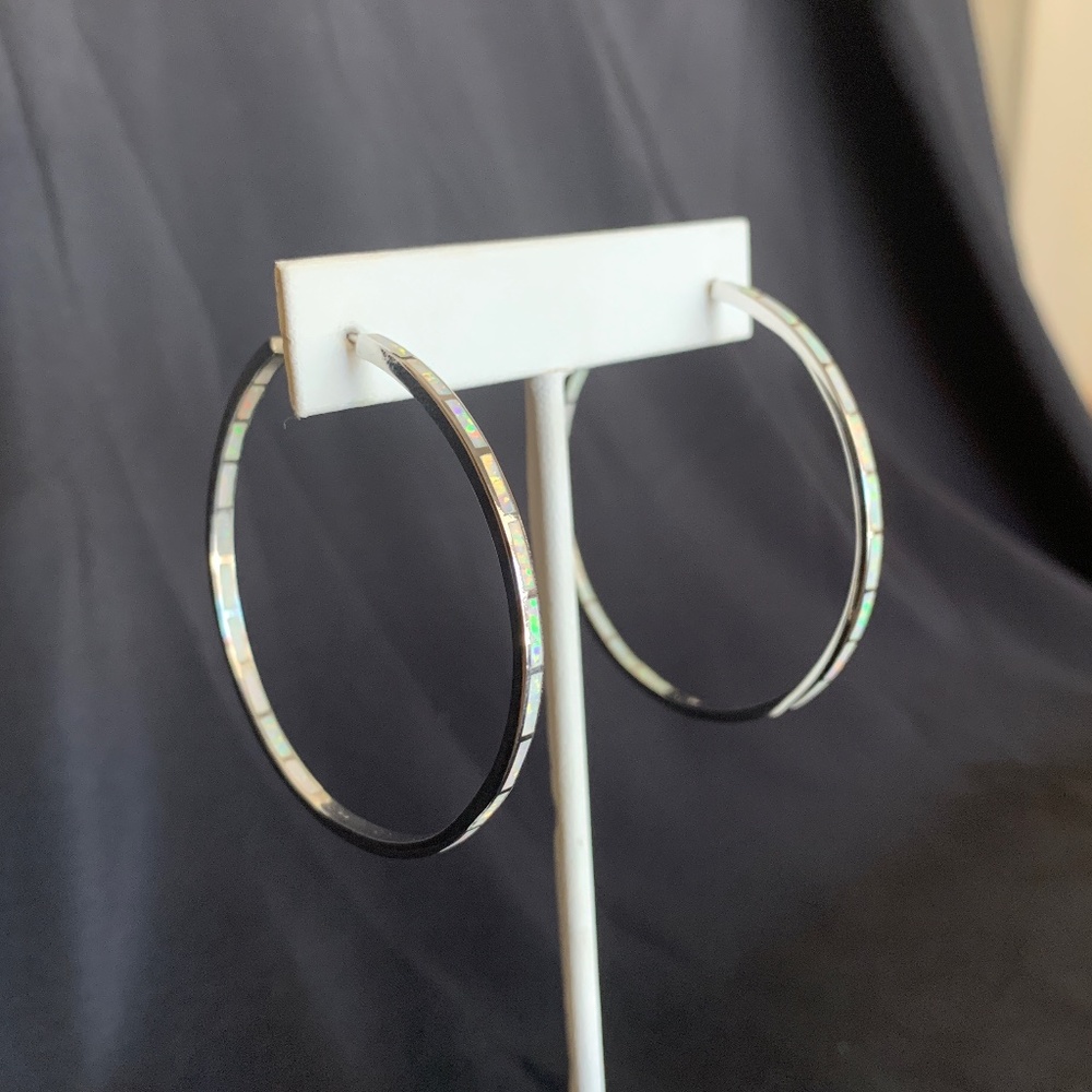 White Fire Opal Inlay Sterling Silver 2" Hoop